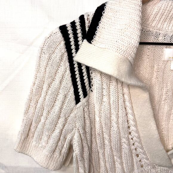 EUC Maeve Cable-Knit Polo Sweater Tee Size S Cream Linen Stripes Preppy Tennis - Picture 3 of 10